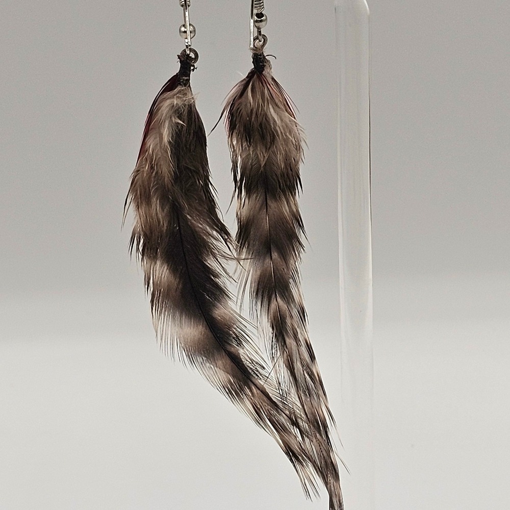 Feather Dangle Earrings‎ 4"+ Brown Red Grizzly Striped Boho Chic Tribal Western - Picture 7 of 12